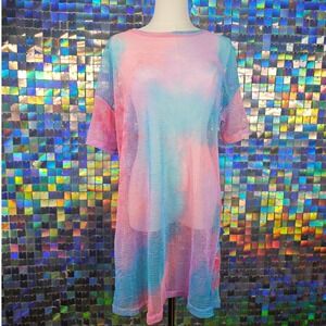 Fishnet Mesh T-Shirt Dress Womens M Pastel Tie Dye Oversized Rave Festival Club
